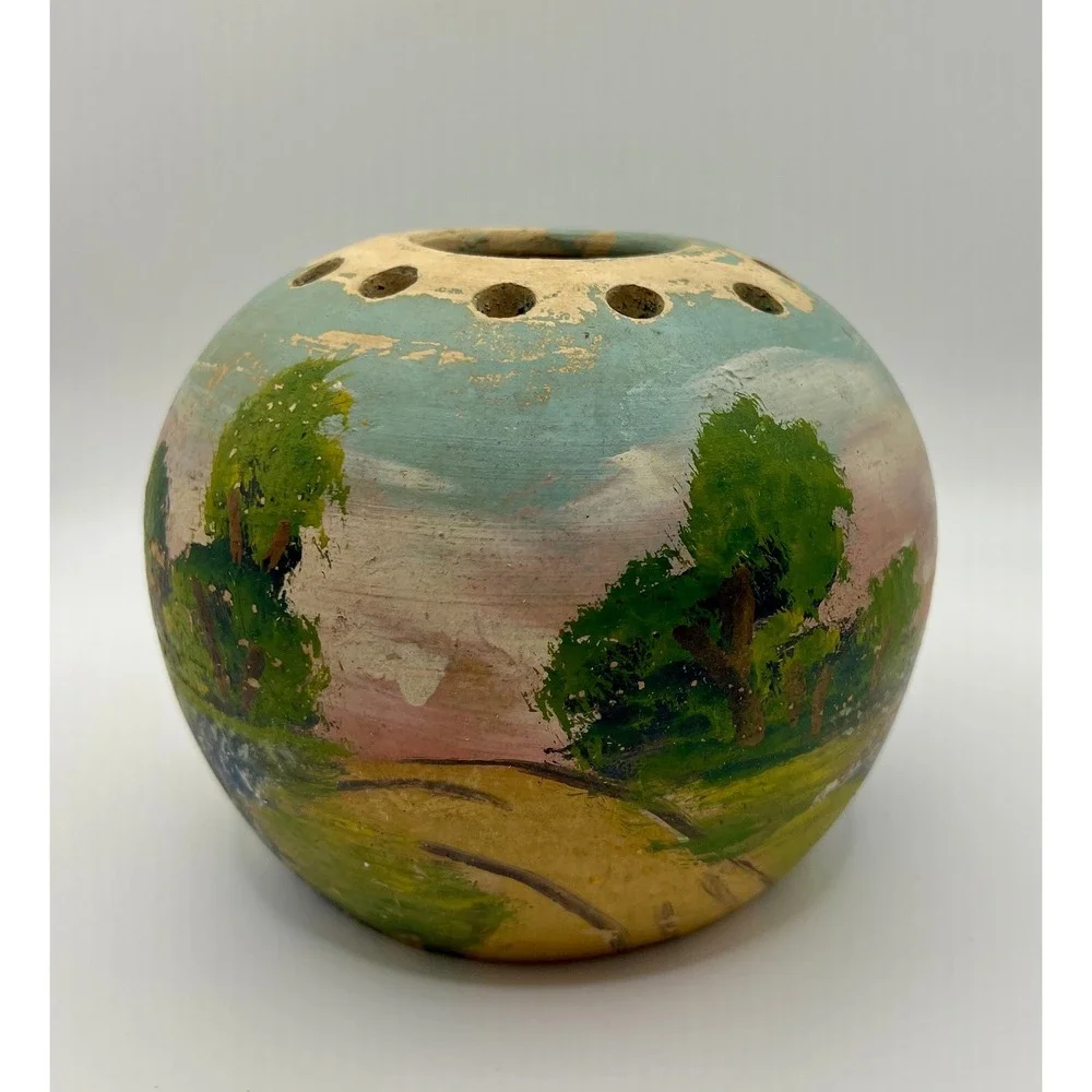 San Juan Art Pottery Flower Frog Vase Small Multicolor Fair Hand Painted Texas
